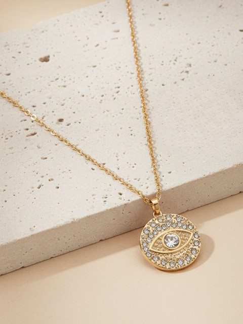 Bohey by KARATCART Gold-Plated CZ-Studded Circular Shaped Evil Eye Pendant With Chain