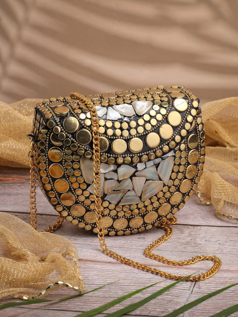 Anekaant Metal Mirage Black Metallic Gold Mosaic Mother-Of-Pearls Clutch