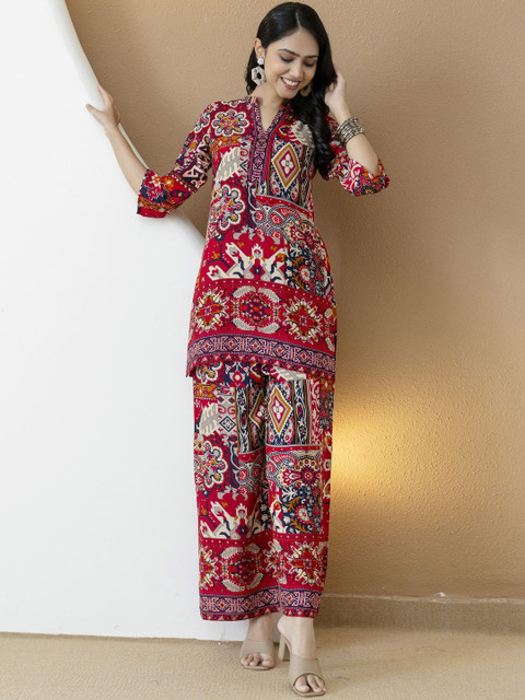 KALINI Printed Mandarin Collar Neck Tunic With Palazzo Co-Ords
