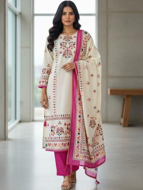 HERE&NOW Ethnic Motifs Printed Thread Work Pure Cotton Kurta With Trousers & Dupatta