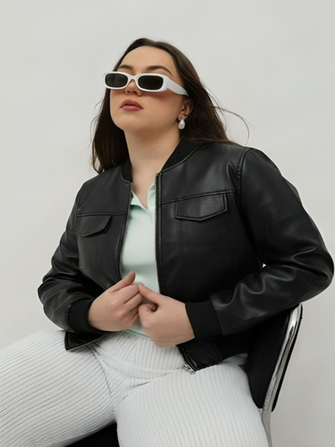 MAYKR Women Stand Collar Solid Water Resistant Leather Jacket