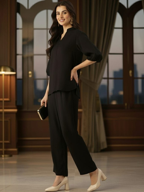Black Solid Mandarin Collar Tunic with Trousers Co-Ords
