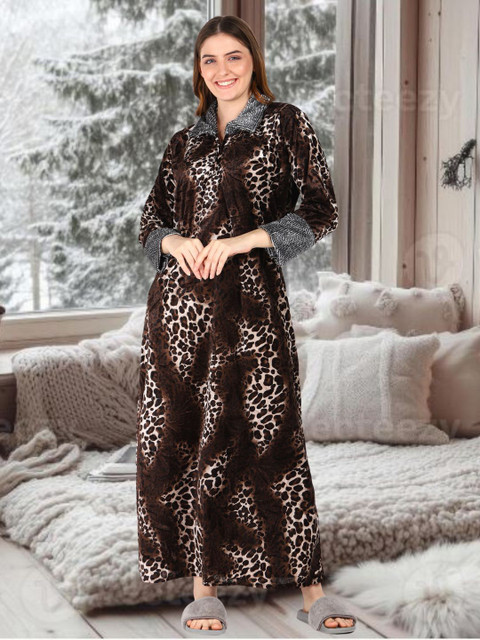 UDHATIKRAMAN Women Lapel Collar Printed Maxi Nightdress