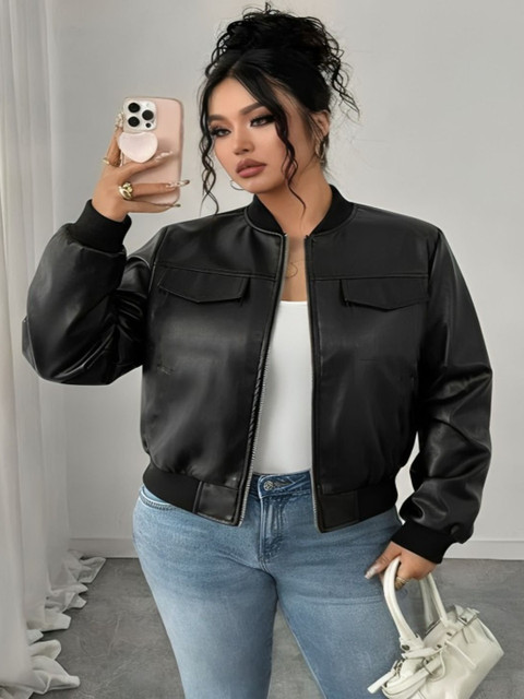 MAYKR Women Textured Leather Water Resistant Bomber Jacket with Zip Closure