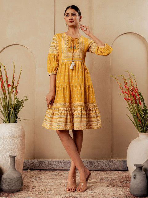 Juniper Women Floral Embroidered Toe Up Neck Puff Sleeves Fit & Flare Dress