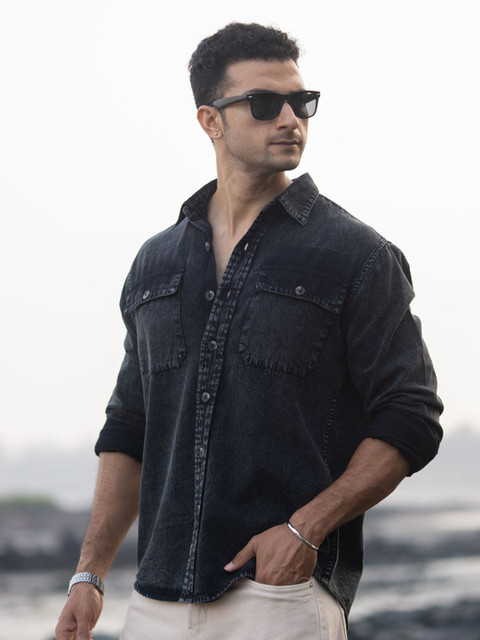 Powerlook Men Spread Collar Faded Washed Cotton Denim Shirt