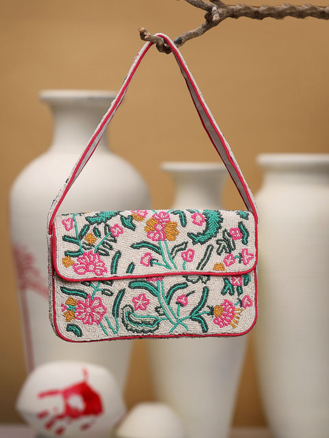 Anekaant Beaded Botanica Ivory & Multi Canvas Floral & Vine Motifs Embroidered Clutch