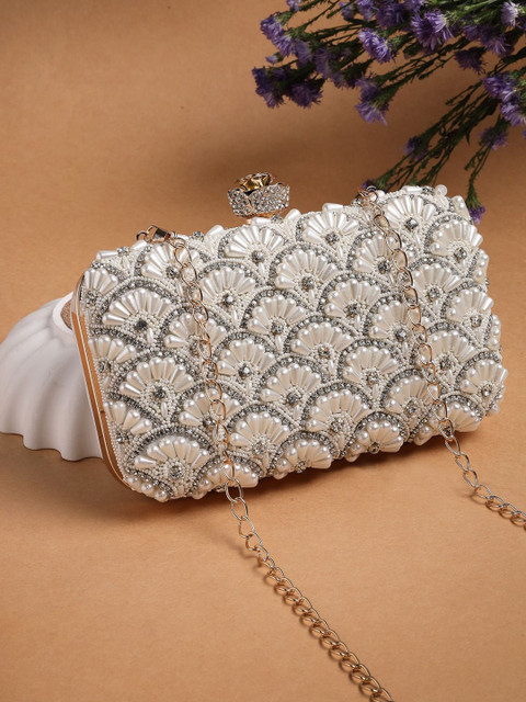 Anekaant Opal Thread Pearls & Silver Faux Silk Scallop Beaded Clutch