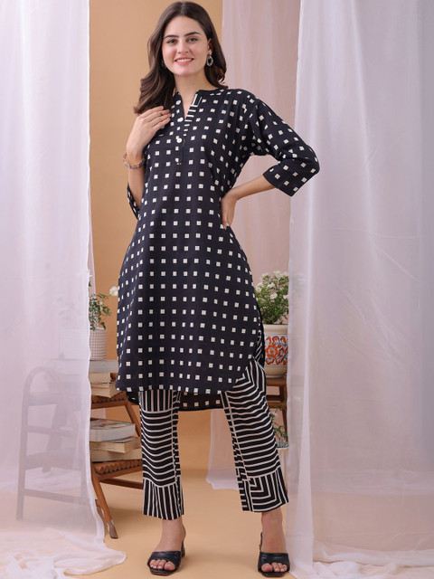 Saanjh Printed Pure Cotton Mandarin Collar Top With Trouser Co-Ords