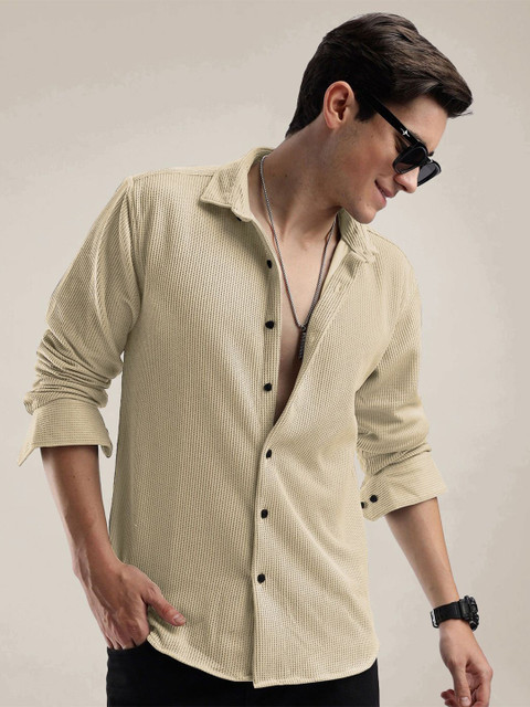 KAJARU Men Comfort Regular Fit Textured Spread Collar Long Sleeve Shirt