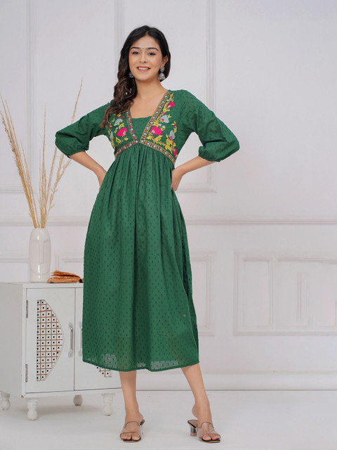 NAVYAAZRI Women Floral Embroidered Puff Sleeve Midi Empire Dress