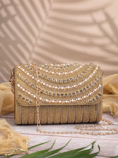 Anekaant Blush & Bead Antique Gold Faux Silk Arc Beaded Clutch
