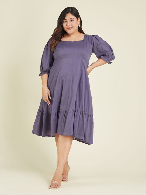 KALINI Women's Plus Size Square Neck Puff Sleeve Pure Cotton Tiered A-Line Dress