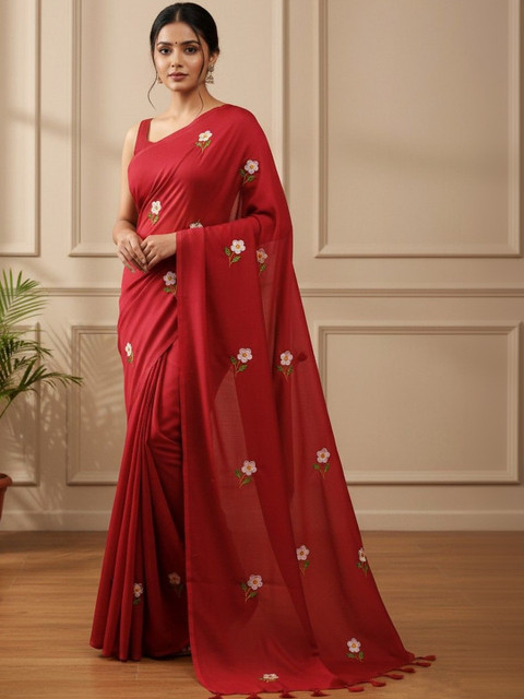 Brynbrit Women Floral Embroidered Pure Cotton Khadi Saree