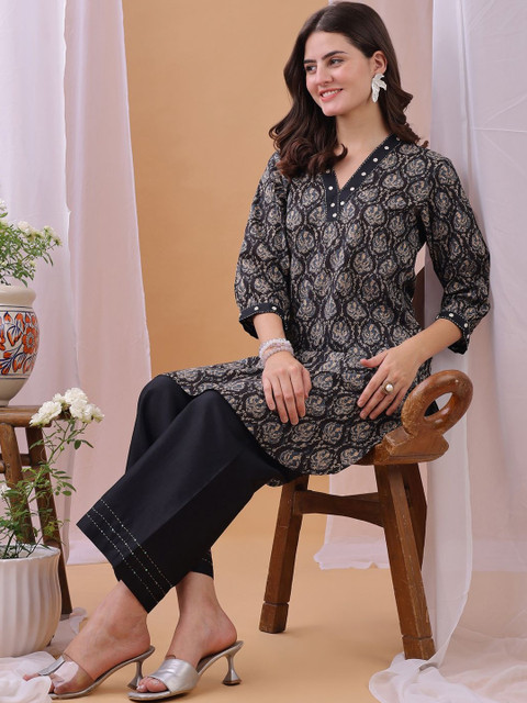 Saanjh Ajrakh Printed Pure Cotton Tunic With Trouser Co-Ords