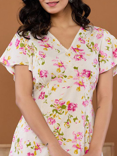 KASYA Women Floral Printed V-Neck Cotton A-Line Midi Dress - Image 5
