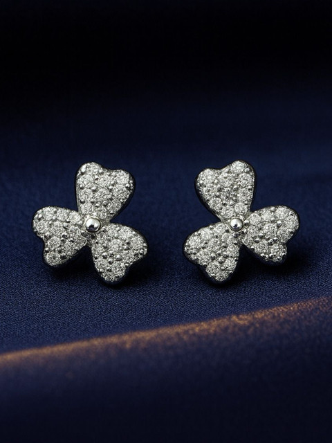 Nui 925 Sterling Silver Silver-Plated American Diamond Studded Korean Floral Shaped Studs