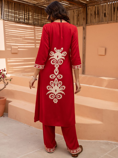 Indo Era Floral Printed V-Neck A-Line Tunic & Trousers - Image 4