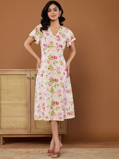 KASYA Women Floral Printed V-Neck Cotton A-Line Midi Dress - Image 2
