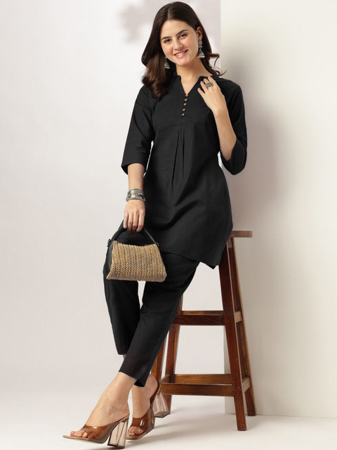 Janasya Mandarin Collar Pure Cotton Tunic With Trousers Co-Ords