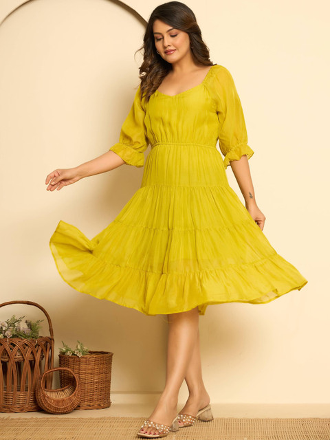 KASYA Women Solid Tiered Fit & Flare Dress