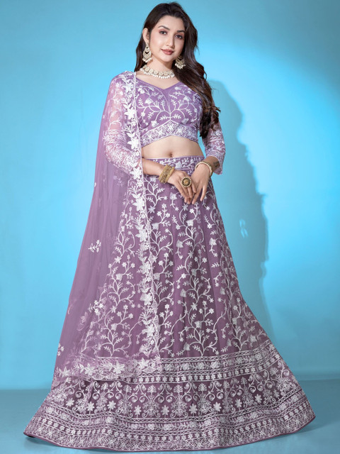 VARNI FABRICS Embroidered Net Semi-Stitched Lehenga & Unstitched Blouse With Dupatta