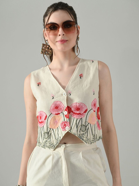 DressBerry Women Floral Embroidered V-Neck Cotton Regular Crop Top