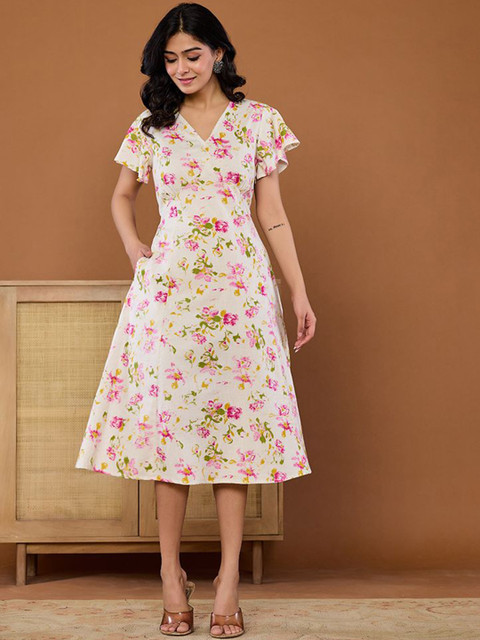 KASYA Women Floral Printed V-Neck Cotton A-Line Midi Dress - Image 4