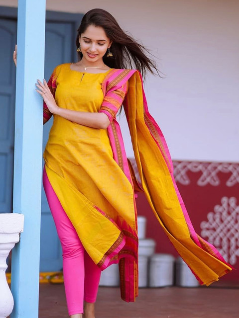 Vastukala Women Solid Festive Cotton Straight Kurta With Dupatta
