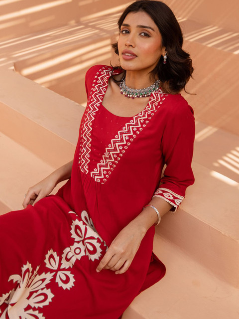 Indo Era Floral Printed V-Neck A-Line Tunic & Trousers - Image 6