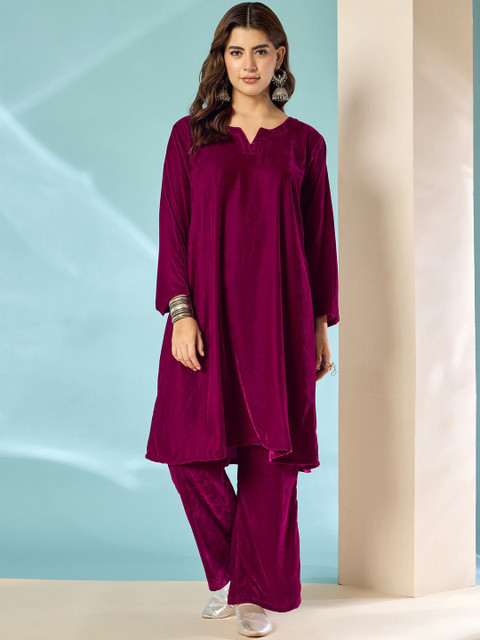 InWeave Notch Neck Long Sleeves Velvet A-Line Kurta With Trousers