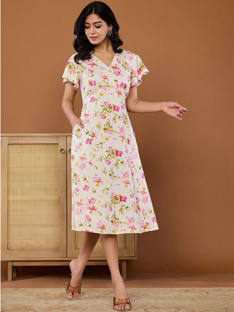 KASYA Women Floral Printed V-Neck Cotton A-Line Midi Dress - Image 3