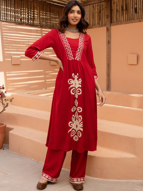 Indo Era Floral Printed V-Neck A-Line Tunic & Trousers - Image 2