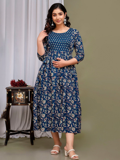 Tulsiram Women Round Neck Floral Print Cotton A-Line Maternity Dress