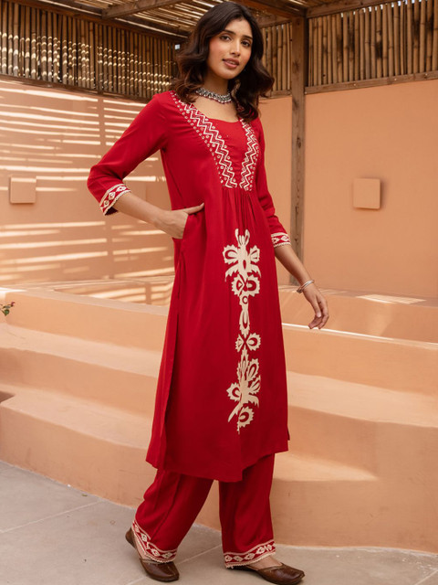 Indo Era Floral Printed V-Neck A-Line Tunic & Trousers - Image 3