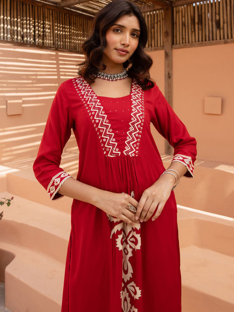 Indo Era Floral Printed V-Neck A-Line Tunic & Trousers