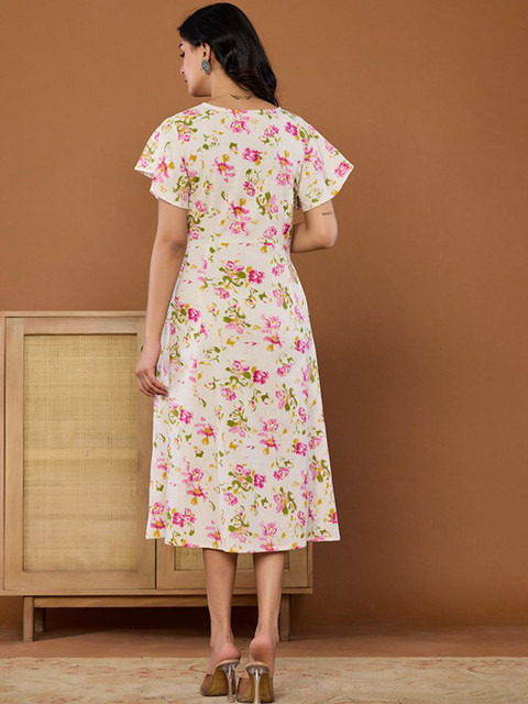 KASYA Women Floral Printed V-Neck Cotton A-Line Midi Dress - Image 6