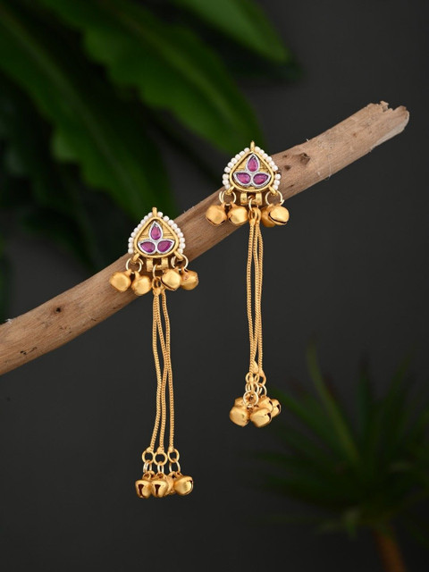 Anvik Gold-Plated Artificial Stones Studded And Beaded Geometric Shaped Drop Earrings