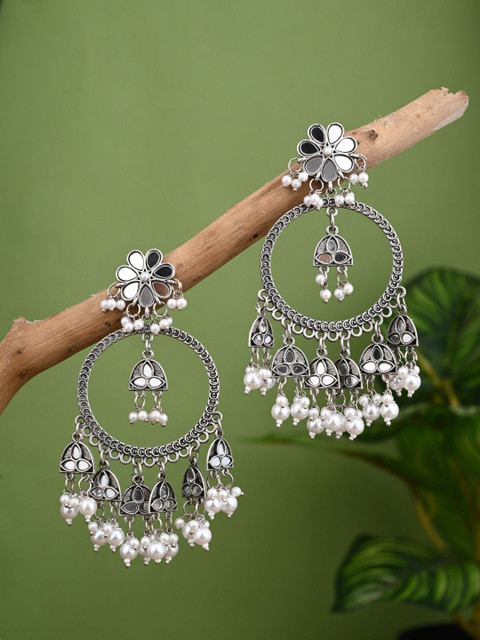 Anvik Silver-Plated Artificial Stones Studded And Beaded Circular Shaped Drop Earrings
