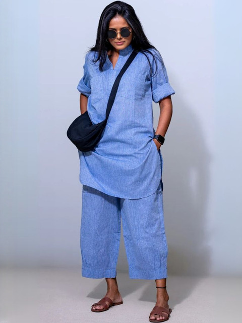 KALINI Mandarin Collar Pure Cotton Straight Kurta With Trousers