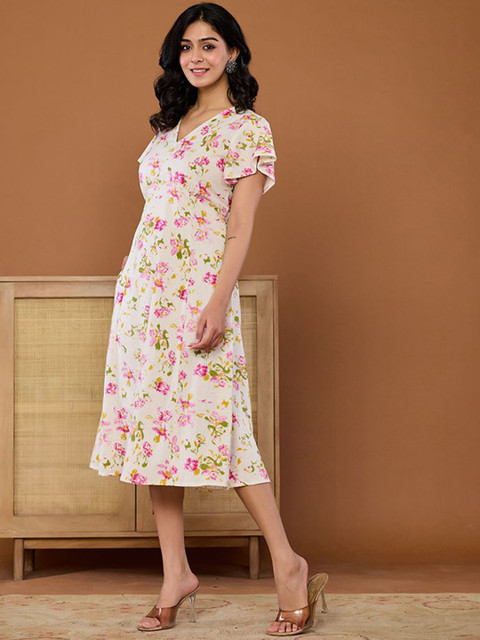 KASYA Women Floral Printed V-Neck Cotton A-Line Midi Dress