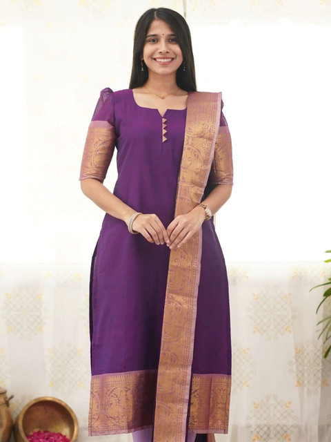 Vastukala Women Woven Design Zari Pure Kanchi Cotton Kurta with Dupatta