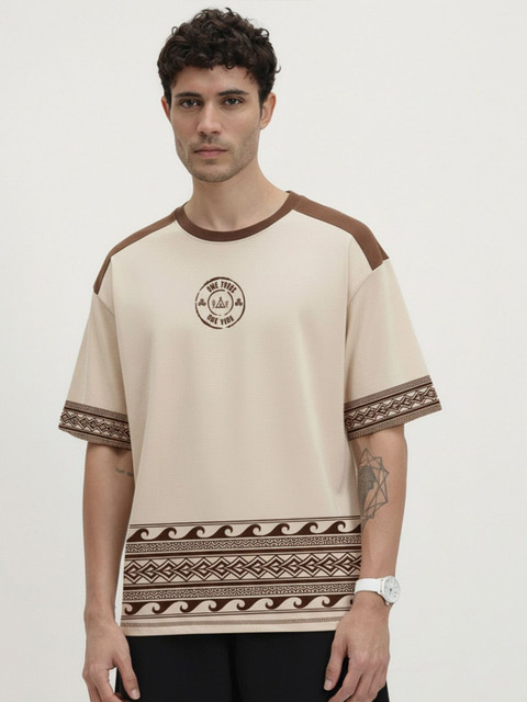 Crazymonk Men Tribal Printed Round Neck Cotton Oversized T-shirt