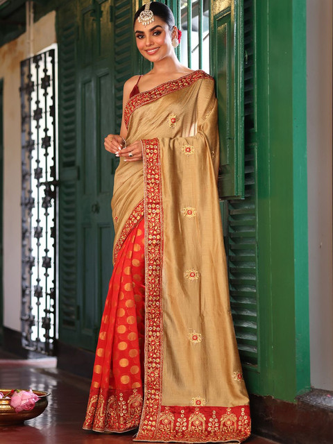Kalista Ethnic Motifs Embroidered Satin Saree