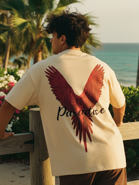 PRONK Men Beige Graphic Printed Oversized T-shirt