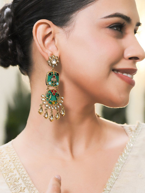 Rubans 22K Gold-Plated Green Enamelled Handcrafted Kundan & Beaded Chandelier Earrings
