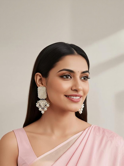 TESSARA Silver-Plated Kundan Studded And Beaded Geometric Shaped Drop Earrings - Image 6