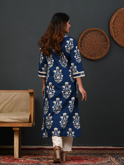 Rimeline Ethnic Motifs Printed Round Neck Zari Straight Pure Cotton Kurta - Image 5