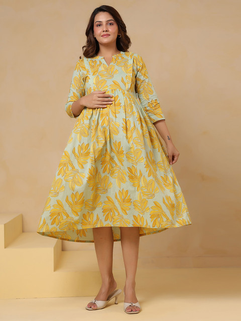 CRAFIQA Women Ethnic Motifs Printed Gathered V-Neck Maternity Fit and Flare Midi Dress