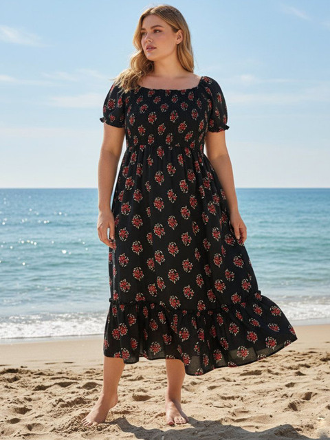 Sztori Floral Print Square Neck Puff Sleeve Crepe Maxi Midi Dress